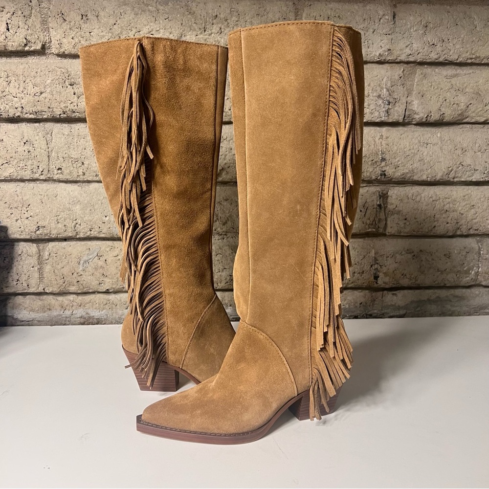 Dolce Vita Tan Suede Fringe Heeled Boots - Picture 6 of 9